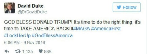 An endorsement for Donald Trump, tweeted last year, by David Duke, a white supremacist and former Imperial Wizard of the Ku Klux Klan from Louisiana.