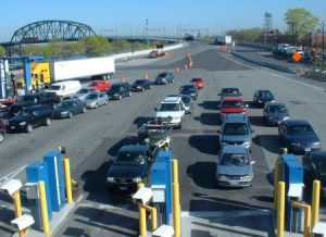 Traffic lining up at inspection booths at Peace Bridge border crossing.