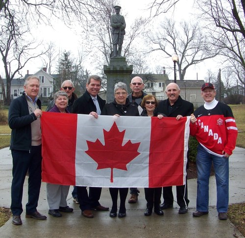 At a flag raising ceremony in Thorold/Niagara this past February 24th, from left, Thorold community leaders Terry Ugulini, Lora Vary, Mike, Charron, Niagara Centre MP Vance Badawey, Elaine Damico, Fred Neale, Teresa Mikza, Tim Whalen and Bill Foote