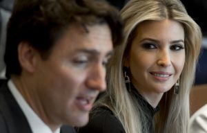 Canada's Prime Minister Justin Trudeau catches Ivanka Trump's eye during meeting with business women at White House this past February 13th - Her father makes a special meeting of meeting during his recent address to joint assembly of Congress